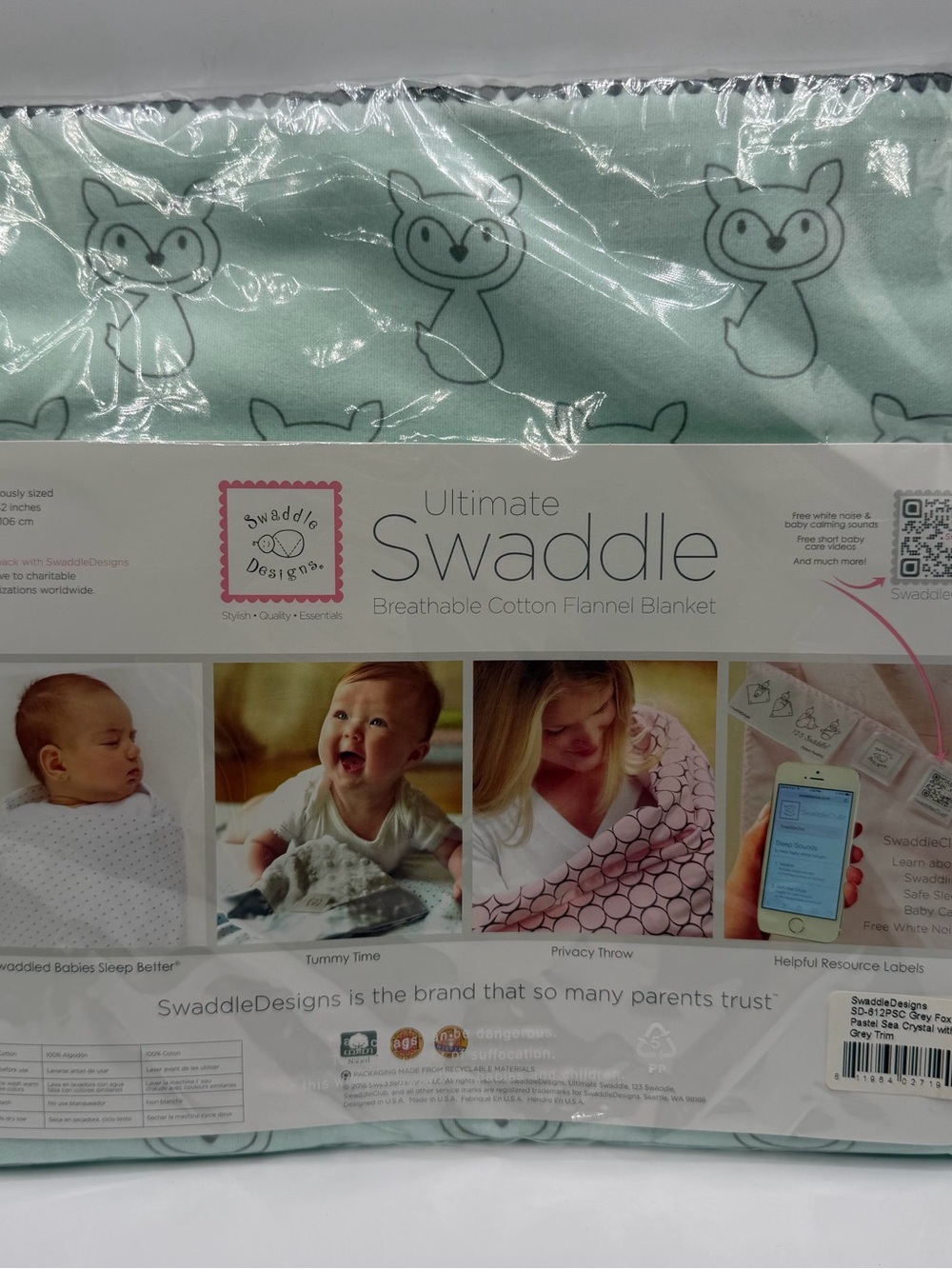SwaddleDesigns Ultimate Swaddle Blanket Gray Fox Sea Crystal 42x42 NIP USA